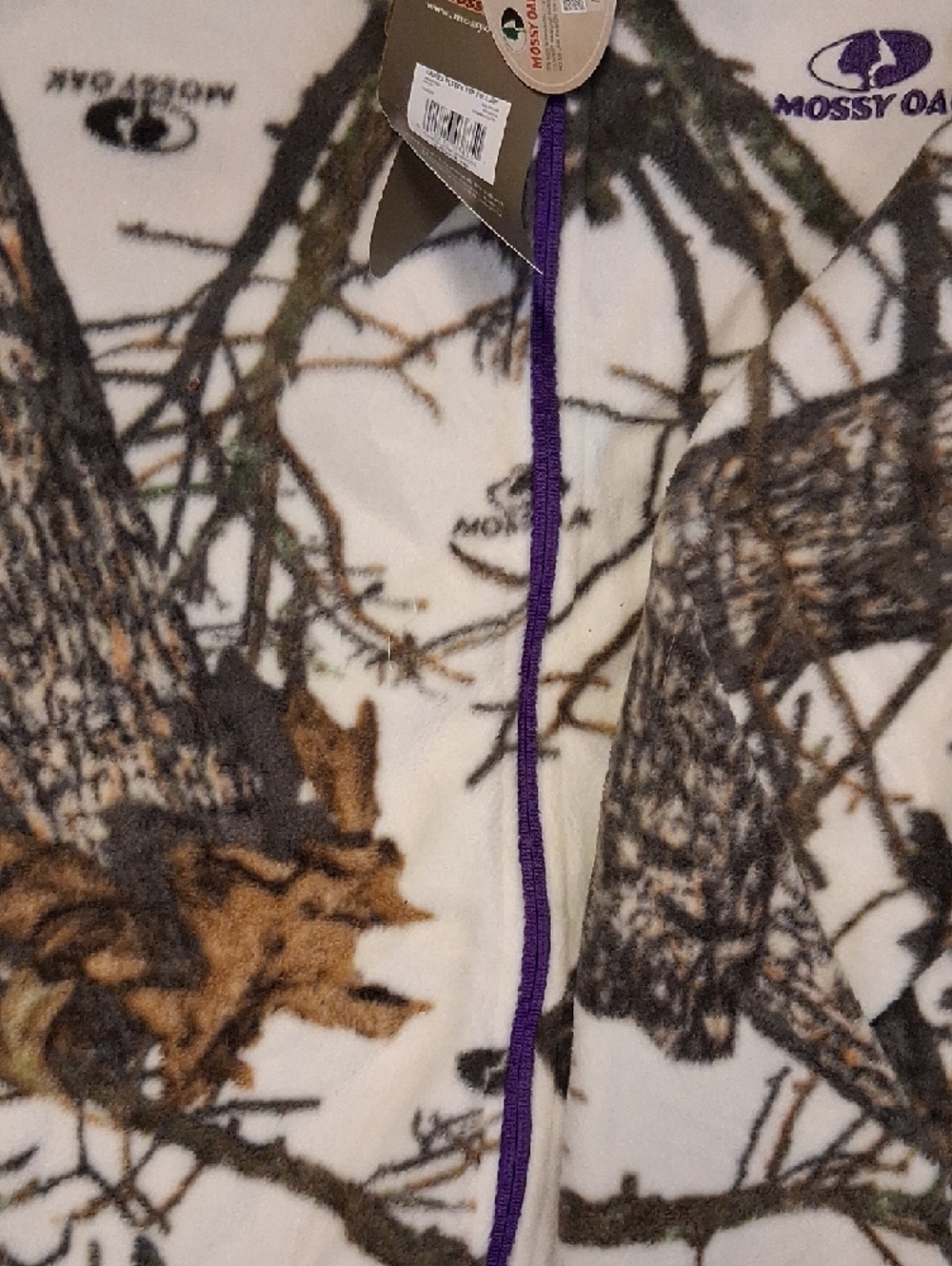 Mossy Oak White and Brown Realtree-Style Camo Fleece Jacket with Purple Accents. - Picture 5 of 13